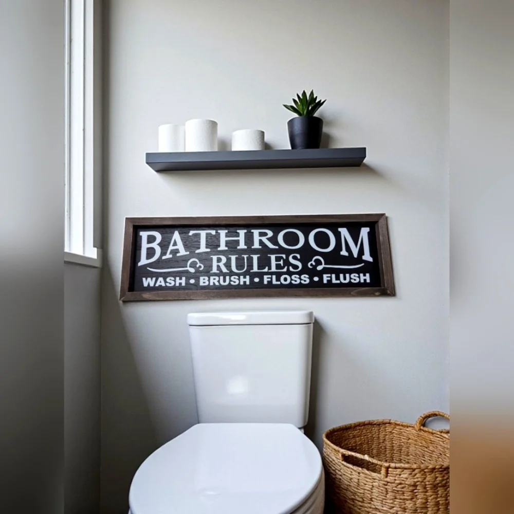 NEW! Bathroom Rules Farmhouse Rustic Wood Sign - Black and White 16in X 5in